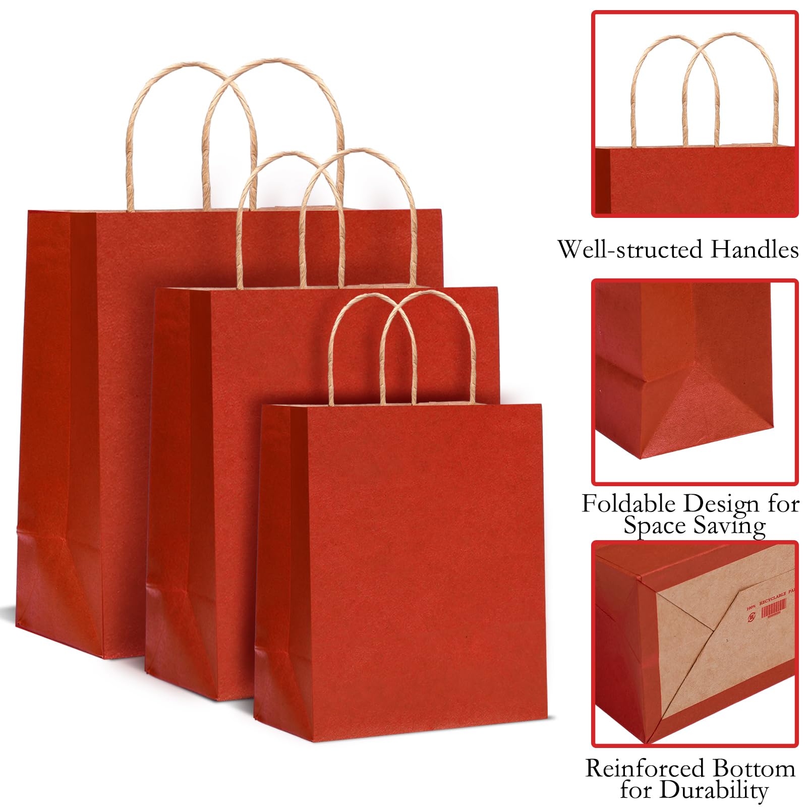 Qilery 30 Pcs Red Gift Bags with Handles Valentine Day Gift Bags Bulk Kraft Paper Treat Bags Candy Goodies Bags for Shopping Valentine's Day Wedding Birthday Party Favor Supplies,Small, Medium, Large