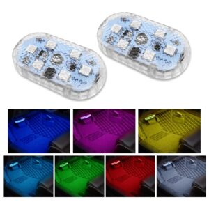 2pcs car led lights interior, portable usb rechargeable car interior led night light, 7 colors led interior car lights with 6 bright led lamp beads for car decor