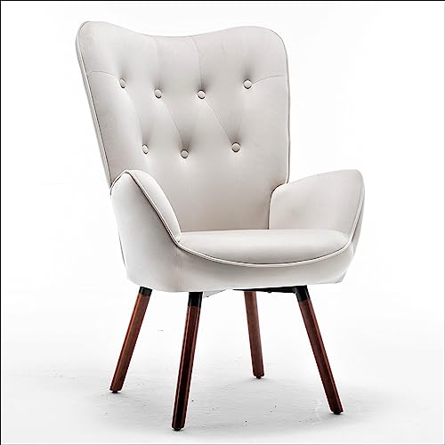 Container Furniture Direct Chic Accent Arm Chairs for Living Room, Bedroom, or Home Office, Button-Tufted Midcentury Armchair with Wingback Design and Splayed Legs, Ivory