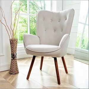 Container Furniture Direct Chic Accent Arm Chairs for Living Room, Bedroom, or Home Office, Button-Tufted Midcentury Armchair with Wingback Design and Splayed Legs, Ivory