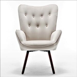 Container Furniture Direct Chic Accent Arm Chairs for Living Room, Bedroom, or Home Office, Button-Tufted Midcentury Armchair with Wingback Design and Splayed Legs, Ivory