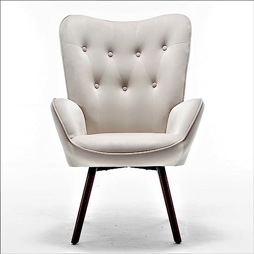 Container Furniture Direct Chic Accent Arm Chairs for Living Room, Bedroom, or Home Office, Button-Tufted Midcentury Armchair with Wingback Design and Splayed Legs, Ivory