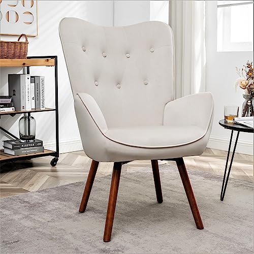 Container Furniture Direct Chic Accent Arm Chairs for Living Room, Bedroom, or Home Office, Button-Tufted Midcentury Armchair with Wingback Design and Splayed Legs, Ivory