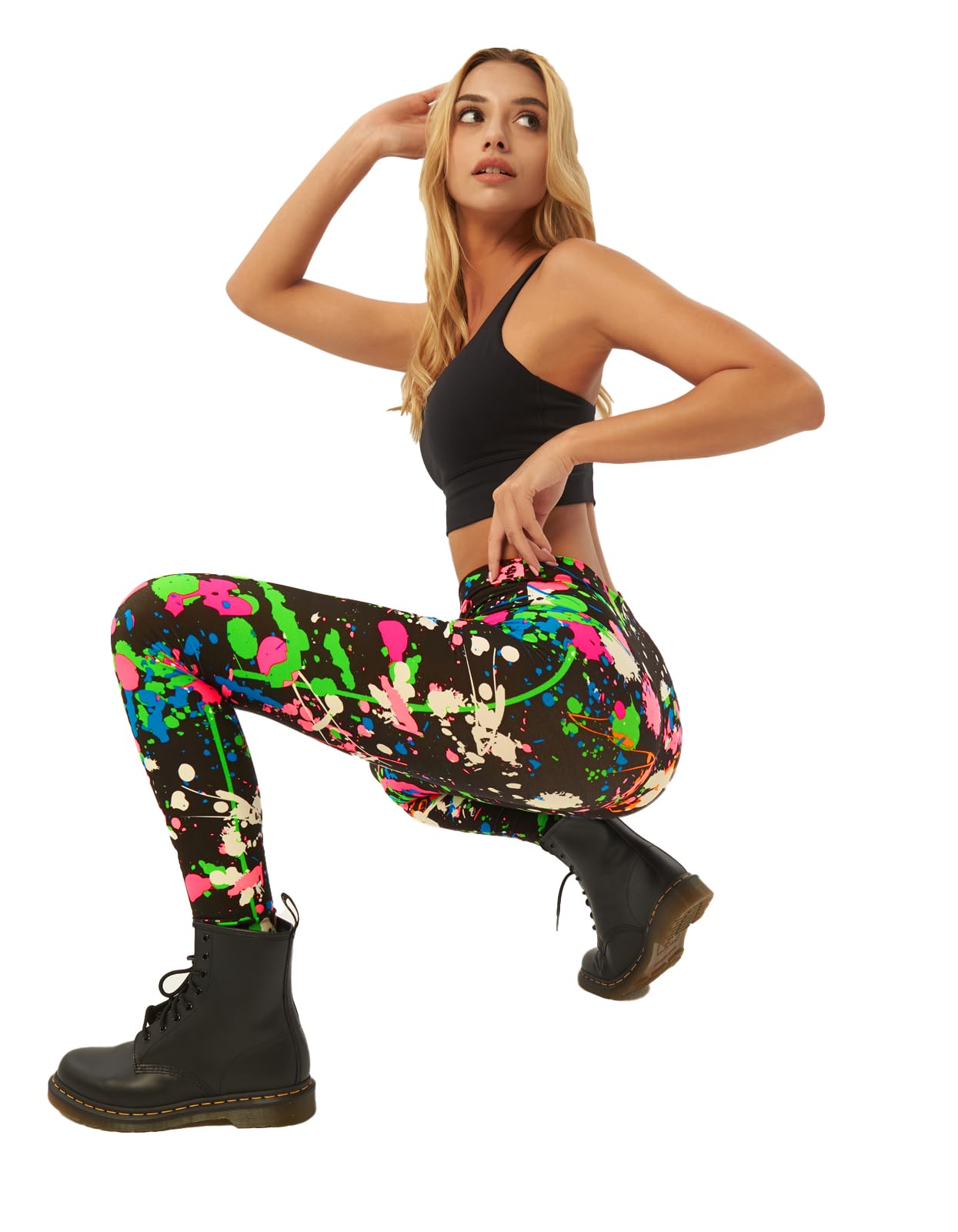 sissycos Women's 80s Neon Crossover Leggings Artistic Splash High Waisted Buttery Soft Printed Tights (Neon Fusion Splash, Large)