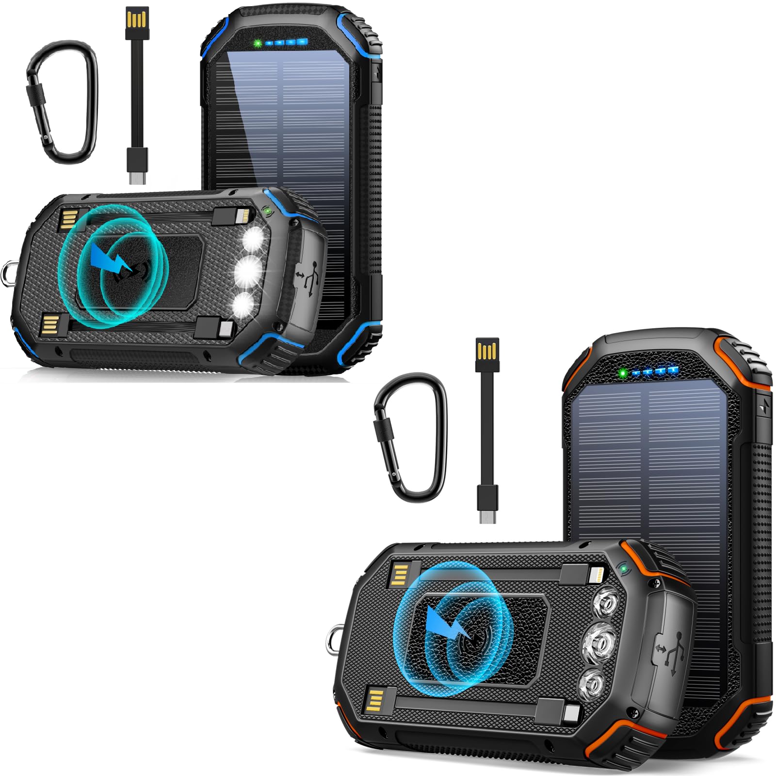 Jinepin 2 Pack of 36000mAh Solar Power Bank Solar Phone Charger, Built in 6 Cables, Wireless Portable Charger External Battery Pack with Led Flashlight