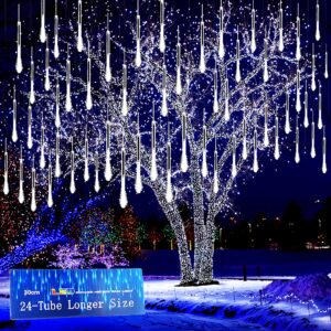 kwaiffeo christmas lights outdoor, 24 tubes(equivalent to 3 sets of 8-tubes) meteor shower lights snow falling icicle lights for xmas tree halloween decoration wedding party window, ul plug, white