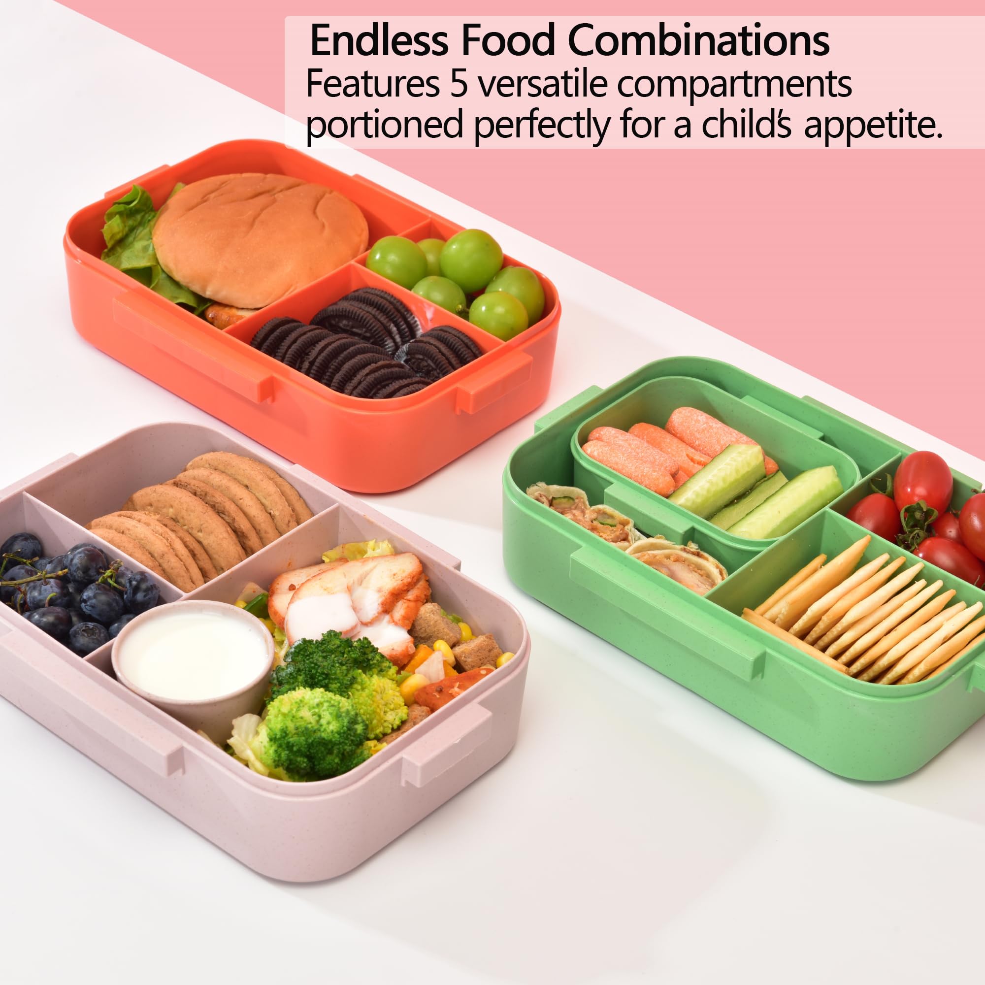 Homestockplus 1200ML Kids/Adults Lunch Bento Box, Wheat Fiber 5 Compartment Lunch Box With Utensil Set, BPA-Free Microwave Safe To-go Food Container Lightweight and Easy Open For School, Daily, Work