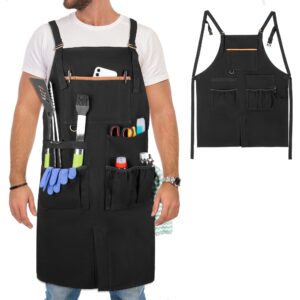 HODRANT Heavy-duty BBQ Grilling Apron, Outdoor Cooking Apron for Men & Women Chef with Dual Shoulder Straps & Adjustable Buckle, Anti-oil Kitchen Apron with Multiple Pockets & Slit Hem, Apron Only