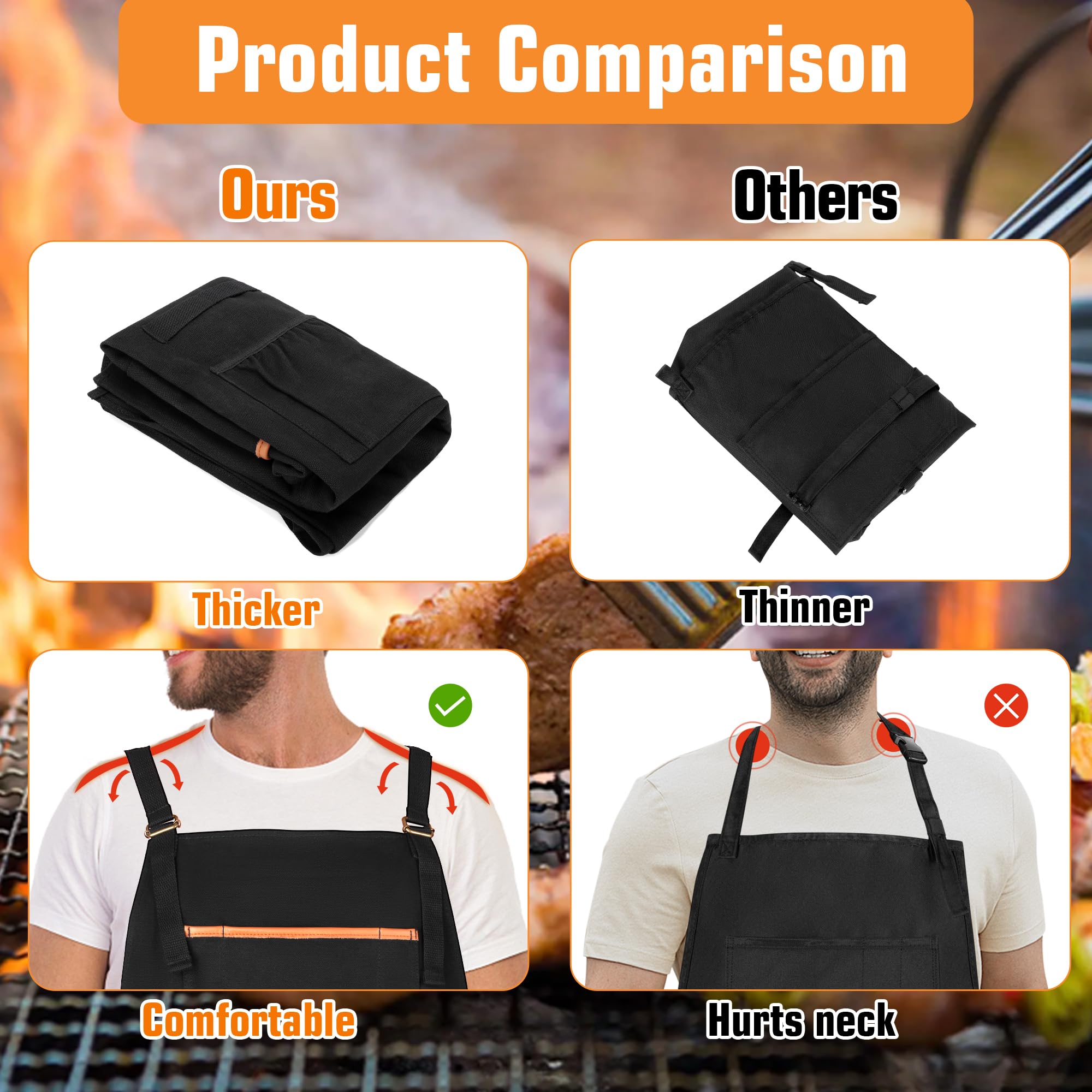 HODRANT Heavy-duty BBQ Grilling Apron, Outdoor Cooking Apron for Men & Women Chef with Dual Shoulder Straps & Adjustable Buckle, Anti-oil Kitchen Apron with Multiple Pockets & Slit Hem, Apron Only