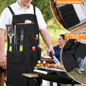 HODRANT Heavy-duty BBQ Grilling Apron, Outdoor Cooking Apron for Men & Women Chef with Dual Shoulder Straps & Adjustable Buckle, Anti-oil Kitchen Apron with Multiple Pockets & Slit Hem, Apron Only