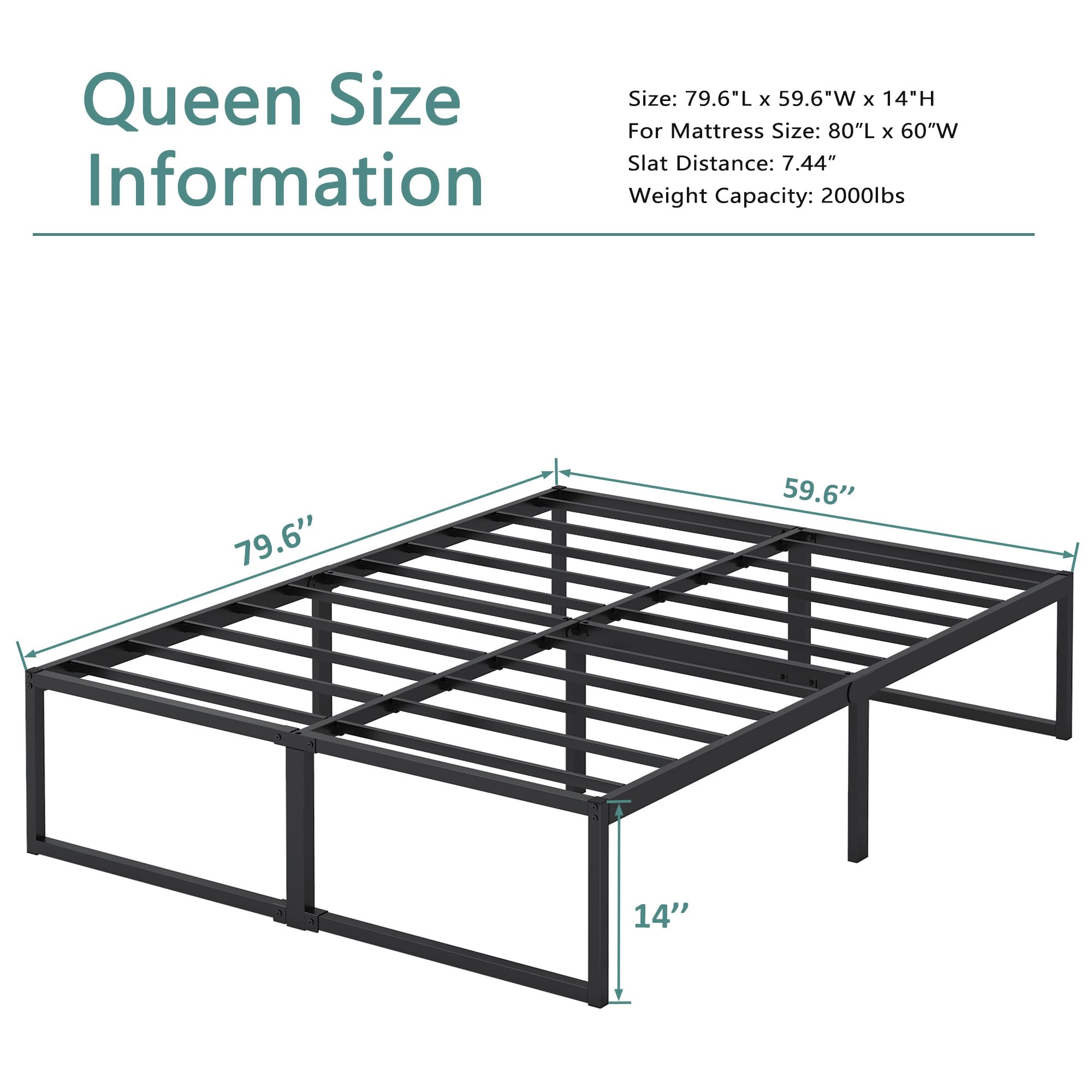 XINXINYAN 14 Inch Queen Bed Frame, No Box Spring Needed, Heavy Duty Metal Platform Queen Size Bed Frame, Strong Steel Slats Support, Noise Free, Easy Assembly, Black