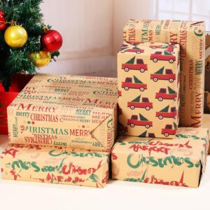 Ulmasinn Christmas Wrapping Paper Kraft with Snowflakes, Cars and Christmas Trees, Merry Christmas for kids gifts 4 Christmas Elements Flat 8 Sheets 20 X 29 Inches Each