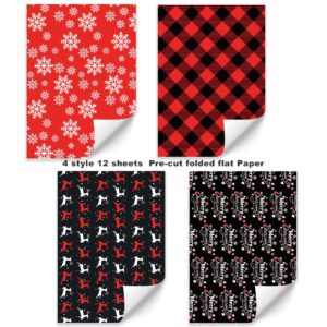 PlandRichW Christmas Wrapping Paper 12 Sheets Folded for Kids Boys Girls Men Women Gifts. Red, Black and White, Greetings, Reindeer, Plaid and Snowflakes, 20 X 29 Inches Each