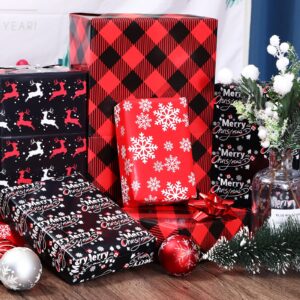 PlandRichW Christmas Wrapping Paper 12 Sheets Folded for Kids Boys Girls Men Women Gifts. Red, Black and White, Greetings, Reindeer, Plaid and Snowflakes, 20 X 29 Inches Each