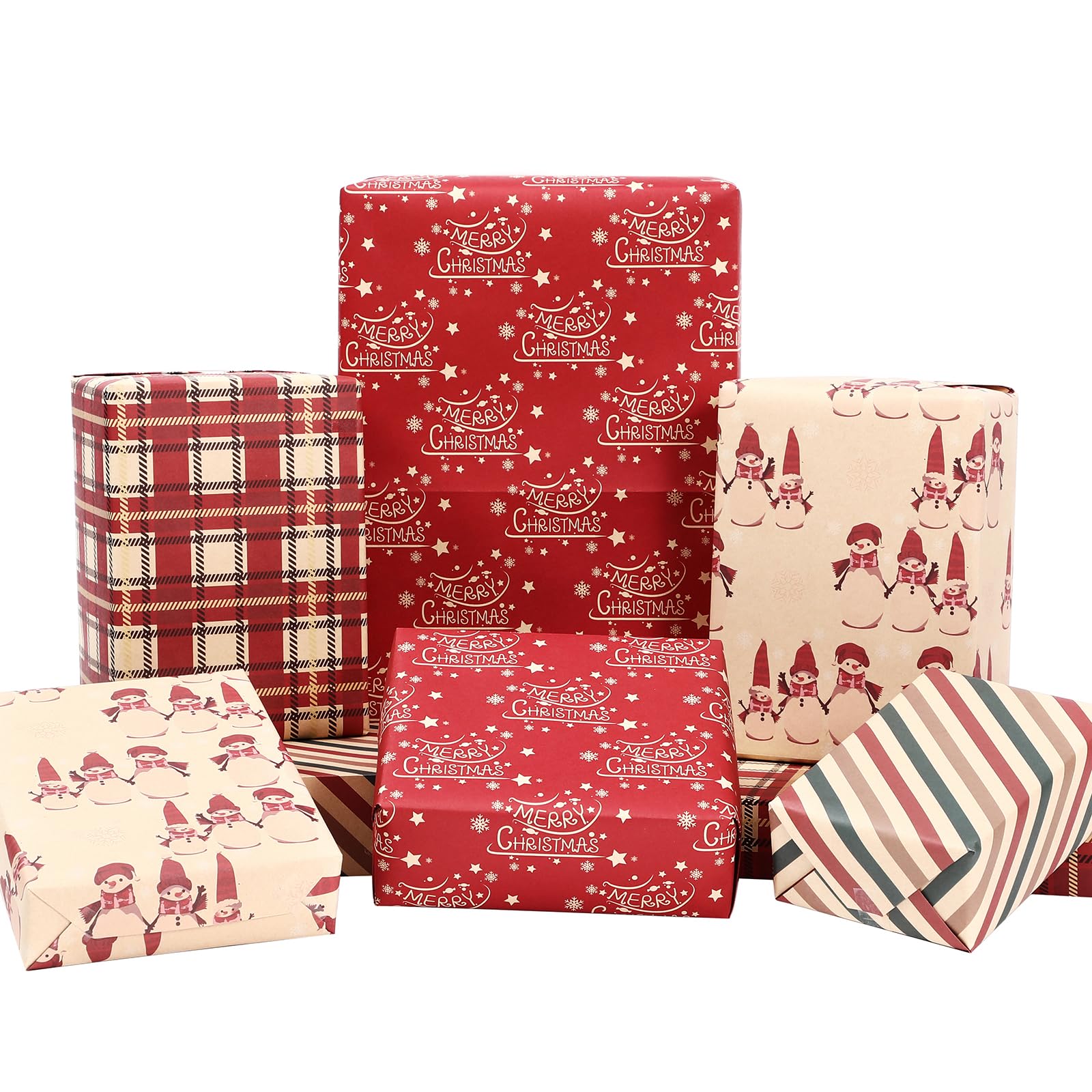 PlandRichW Christmas Wrapping Paper 12 Sheets of Folded Brown Kraft Paper with Red and Green, Greetings, Snowman, Plaid, Stripes, Christmas Elements Collection, 20 X 29 Inches Each