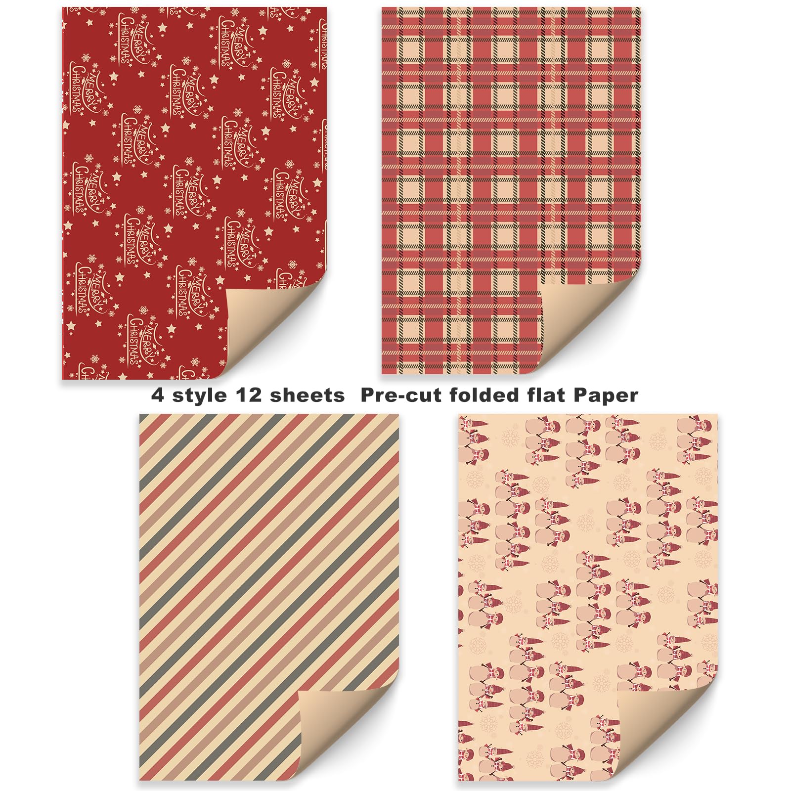 PlandRichW Christmas Wrapping Paper 12 Sheets of Folded Brown Kraft Paper with Red and Green, Greetings, Snowman, Plaid, Stripes, Christmas Elements Collection, 20 X 29 Inches Each