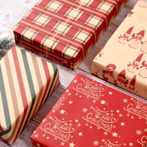 PlandRichW Christmas Wrapping Paper 12 Sheets of Folded Brown Kraft Paper with Red and Green, Greetings, Snowman, Plaid, Stripes, Christmas Elements Collection, 20 X 29 Inches Each