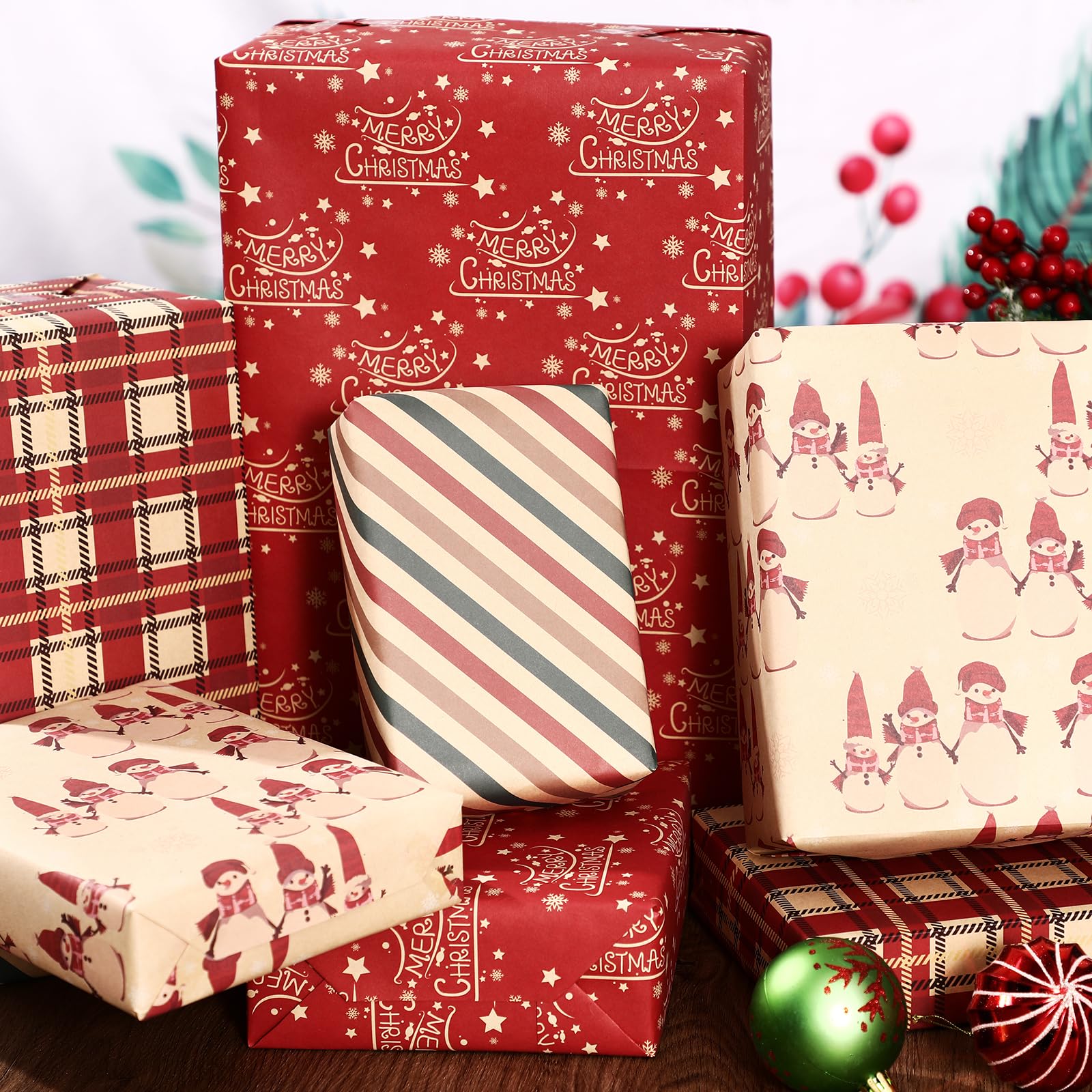 PlandRichW Christmas Wrapping Paper 12 Sheets of Folded Brown Kraft Paper with Red and Green, Greetings, Snowman, Plaid, Stripes, Christmas Elements Collection, 20 X 29 Inches Each