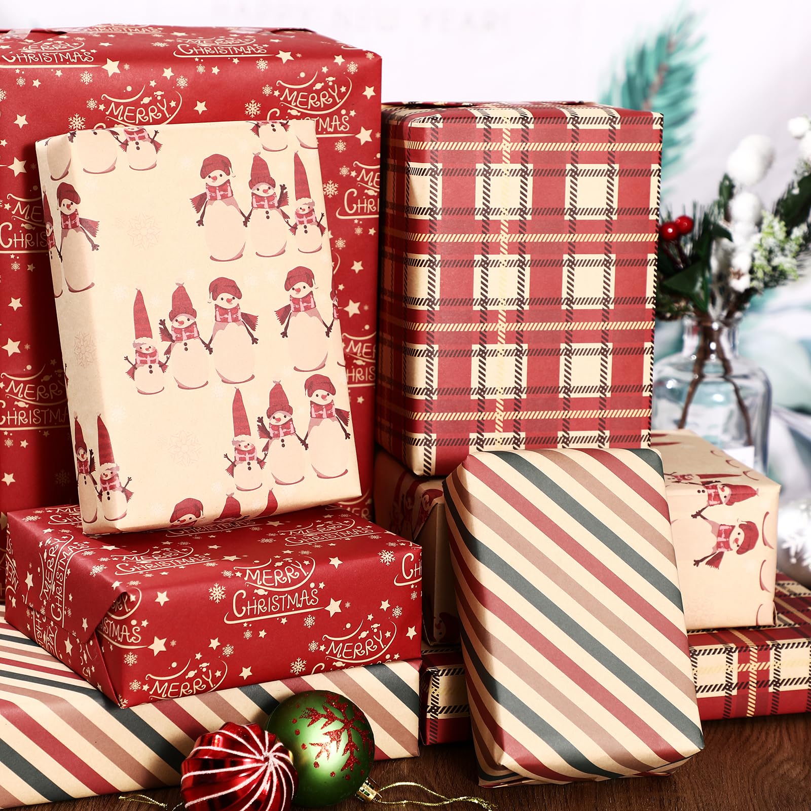 PlandRichW Christmas Wrapping Paper 12 Sheets of Folded Brown Kraft Paper with Red and Green, Greetings, Snowman, Plaid, Stripes, Christmas Elements Collection, 20 X 29 Inches Each