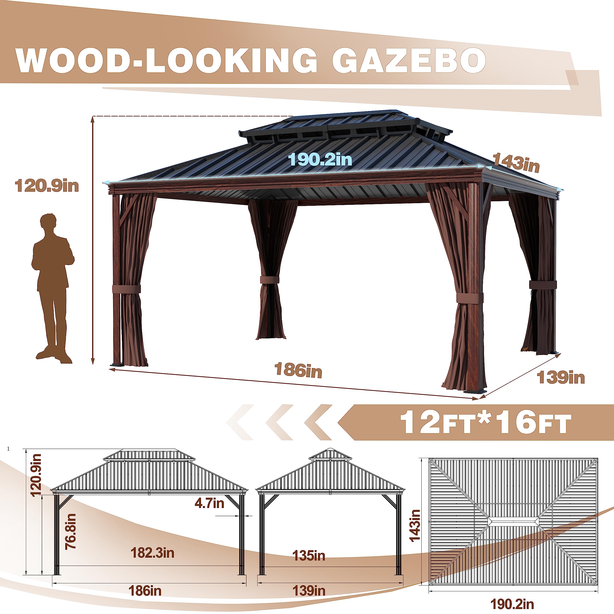 MUPATER 12' x 16' Gazebo, Wooden Finish Coated Aluminum Frame, with Double Galvanized Steel Hardtop Roof, Netting and Curtains for Garden, Patio, Lawn and Parties