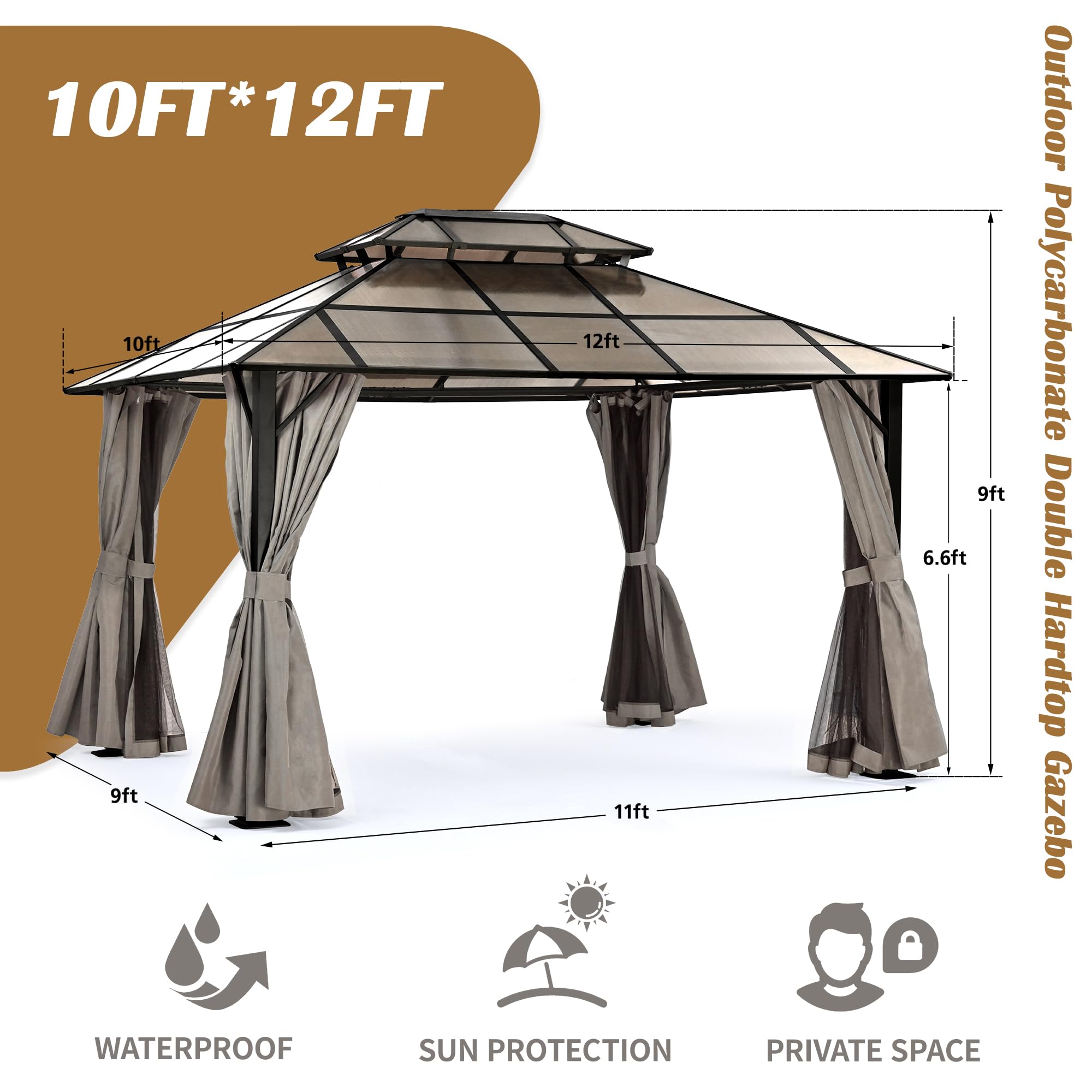 HAPPATIO 10'x 12' Outdoor Hardtop Gazebo, Polycarbonate Double Roof, Aluminum Furniture Gazebo Canopy with Netting and Curtains for Garden, Patio,Deck (Brown)