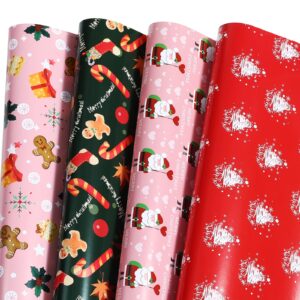 Ulmasinn Christmas Wrapping Paper for Kids Girls Boys,Pink Red Green With Cute Santa Claus, Christmas Tree Candy Cookies and Merry Christmas, Flat 8 Sheets 20 X 29 Inches Per Sheet