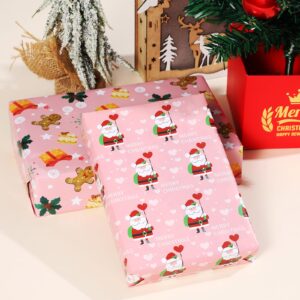 Ulmasinn Christmas Wrapping Paper for Kids Girls Boys,Pink Red Green With Cute Santa Claus, Christmas Tree Candy Cookies and Merry Christmas, Flat 8 Sheets 20 X 29 Inches Per Sheet