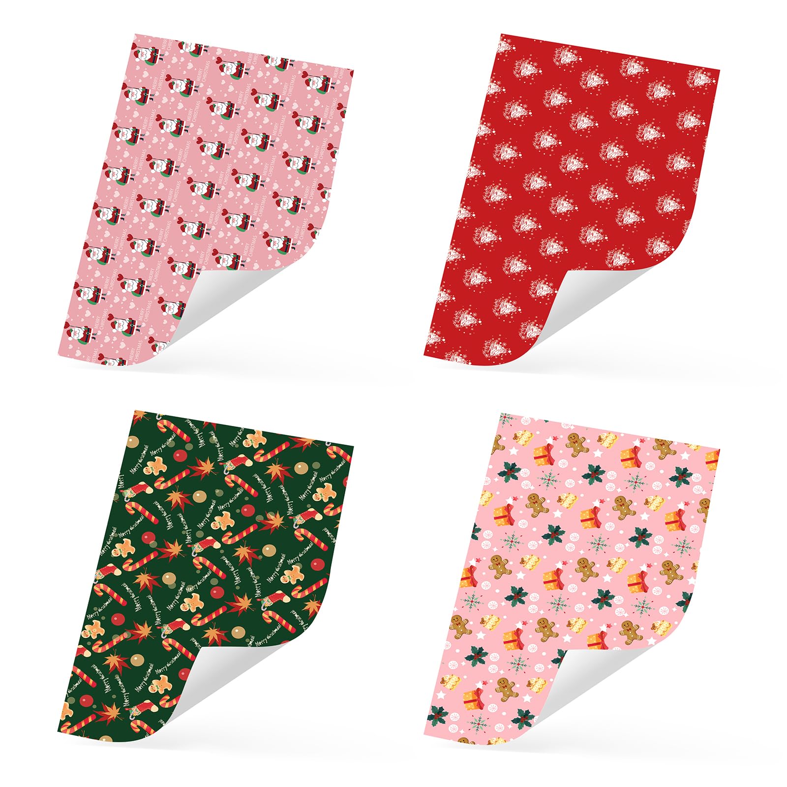 Ulmasinn Christmas Wrapping Paper for Kids Girls Boys,Pink Red Green With Cute Santa Claus, Christmas Tree Candy Cookies and Merry Christmas, Flat 8 Sheets 20 X 29 Inches Per Sheet