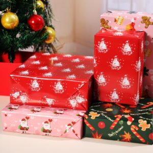 Ulmasinn Christmas Wrapping Paper for Kids Girls Boys,Pink Red Green With Cute Santa Claus, Christmas Tree Candy Cookies and Merry Christmas, Flat 8 Sheets 20 X 29 Inches Per Sheet