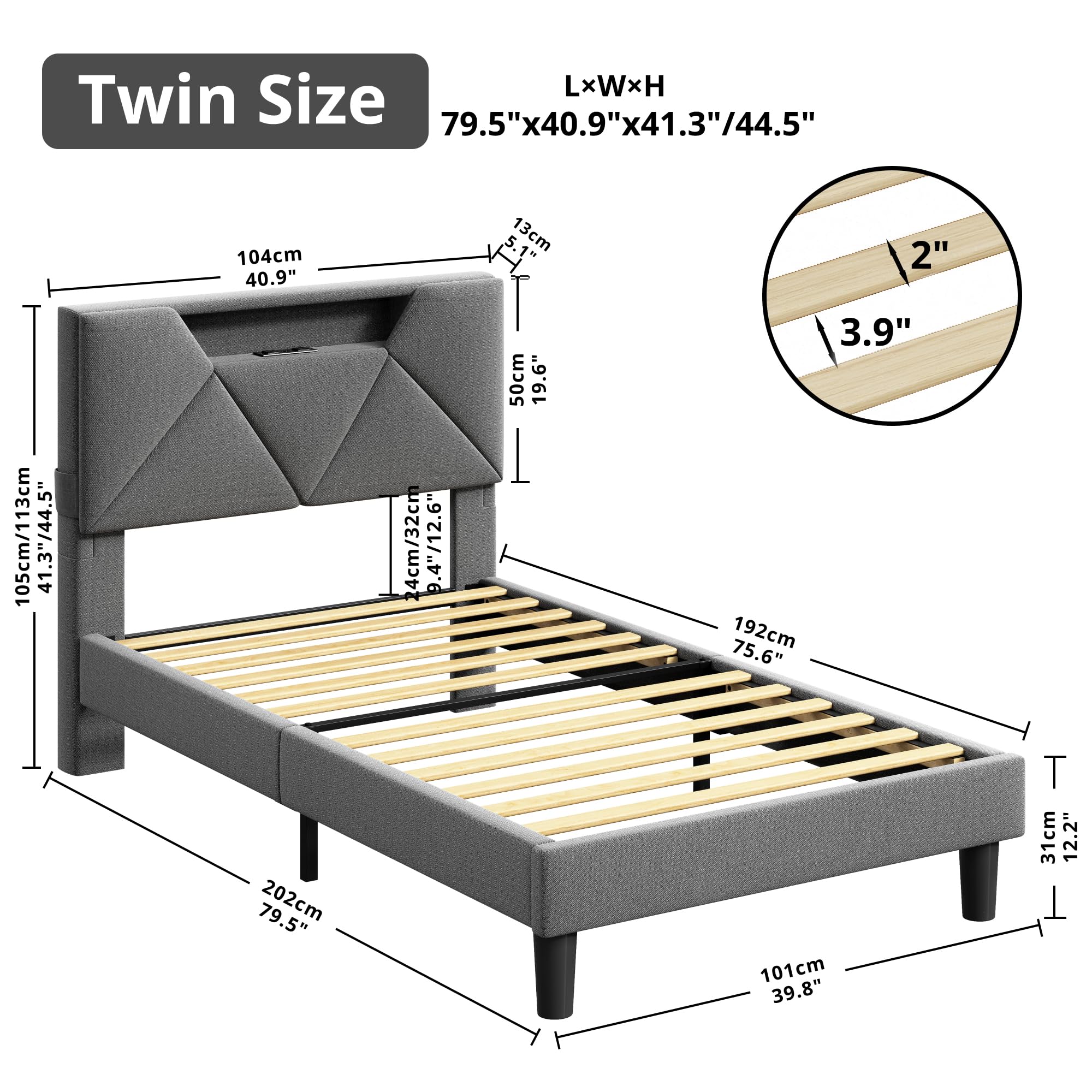 ANCTOR Twin Bed Frame with Storage Headboard and Charging Station, LED Lights Upholstered Platform Bed, Heavy Duty Steel Support Legs, Easy Assembly, Noise Free, Grey