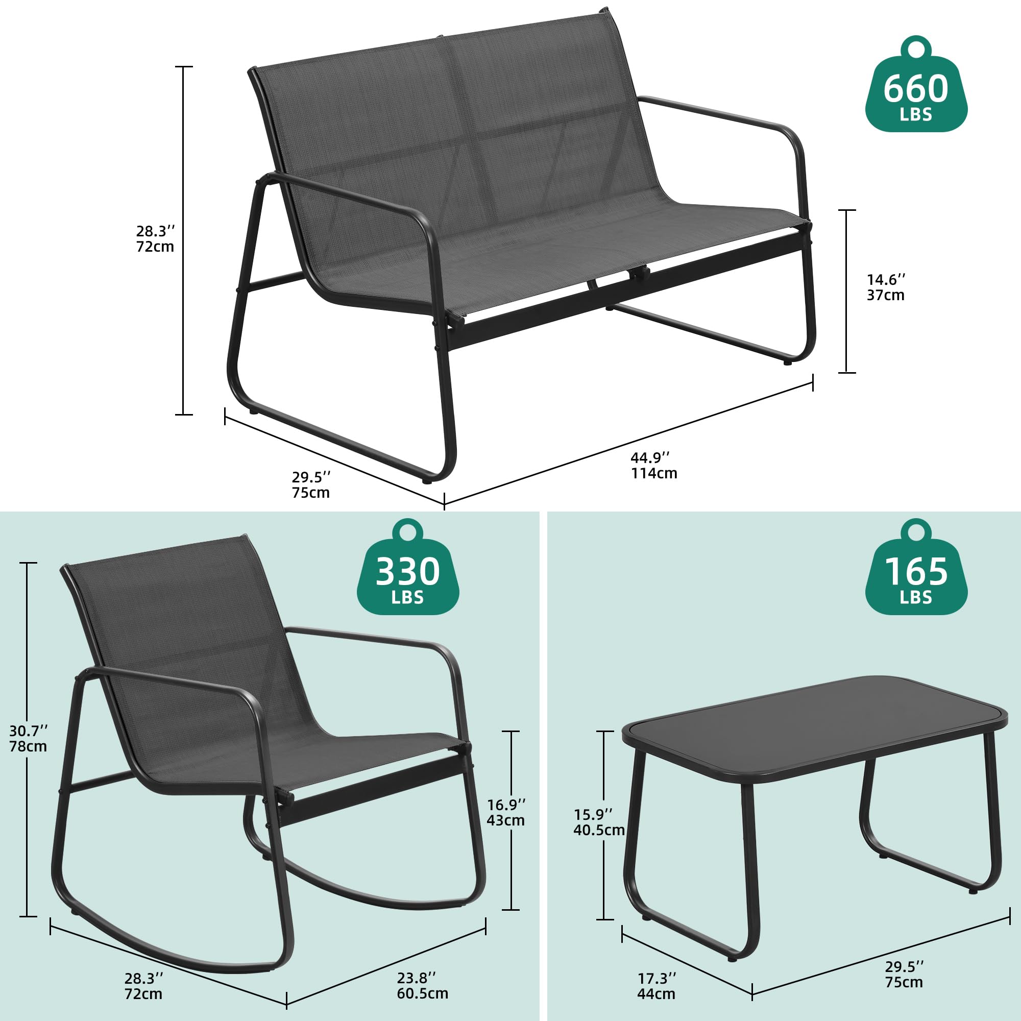 YITAHOME 4 Piece Patio Furniture Set, Small Backyard Bistro Rocking Chairs, Loveseat and Glass Table, Textilene Outdoor Conversation Set for Lawn, Garden, Balcony, Poolside (Black)