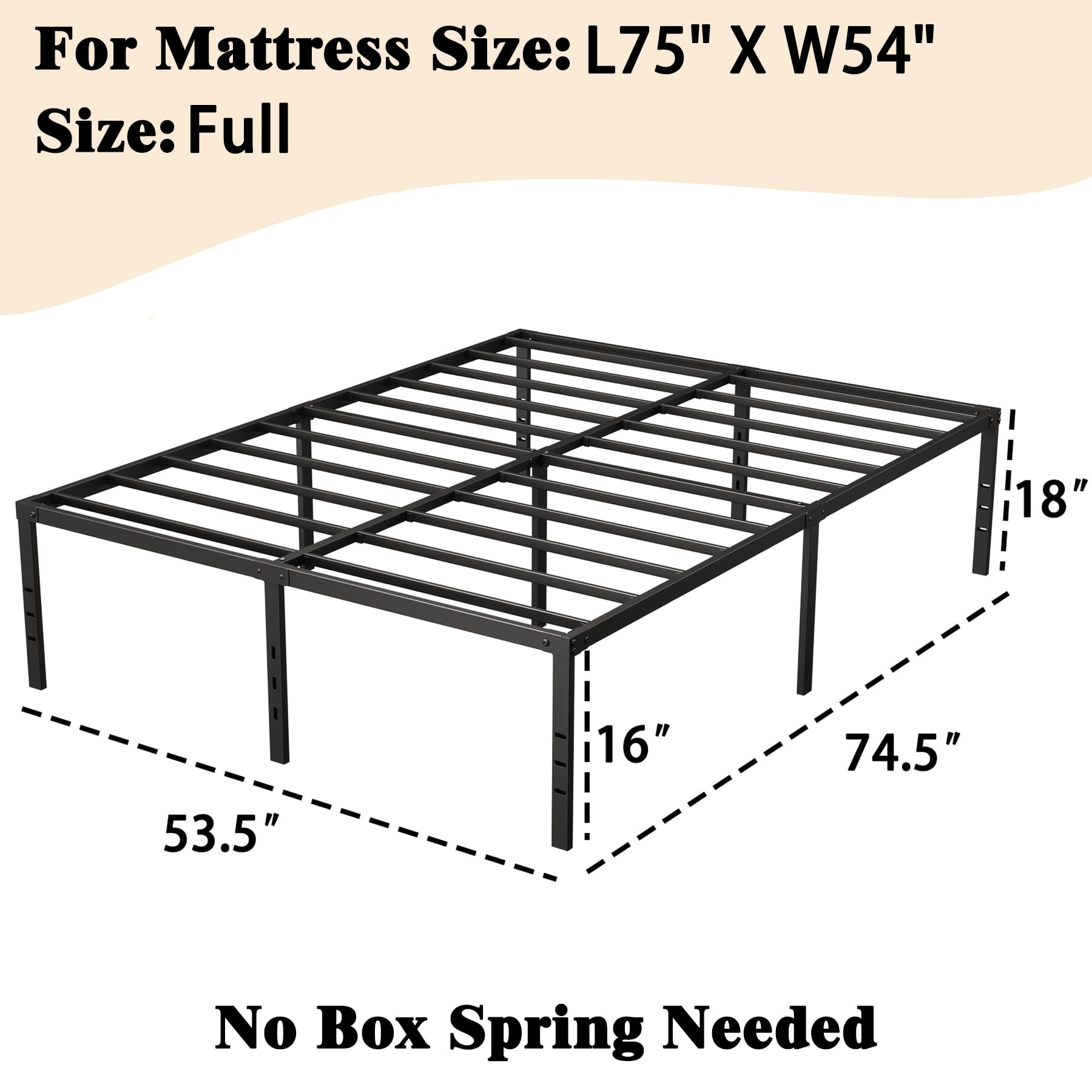 Jebosam 18 inch High Bed Frame Full Size Heavy Duty Platform Steel Support 2500 lbs Full Size Bed Frame No Box Spring Needed Non-Slip Noise Free Easy to Assembly Black Metal Bed Frame Full