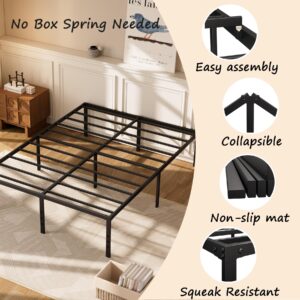 Jebosam Queen Bed Frame No Box Spring Needed 14 inch Heavy Duty Metal Platform Steel Support 2500 lbs Bed Frame Queen Size Non-Slip Noise Free Black Metal Bed Frame Queen Size