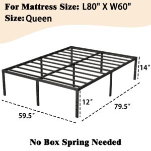 Jebosam Queen Bed Frame No Box Spring Needed 14 inch Heavy Duty Metal Platform Steel Support 2500 lbs Bed Frame Queen Size Non-Slip Noise Free Black Metal Bed Frame Queen Size