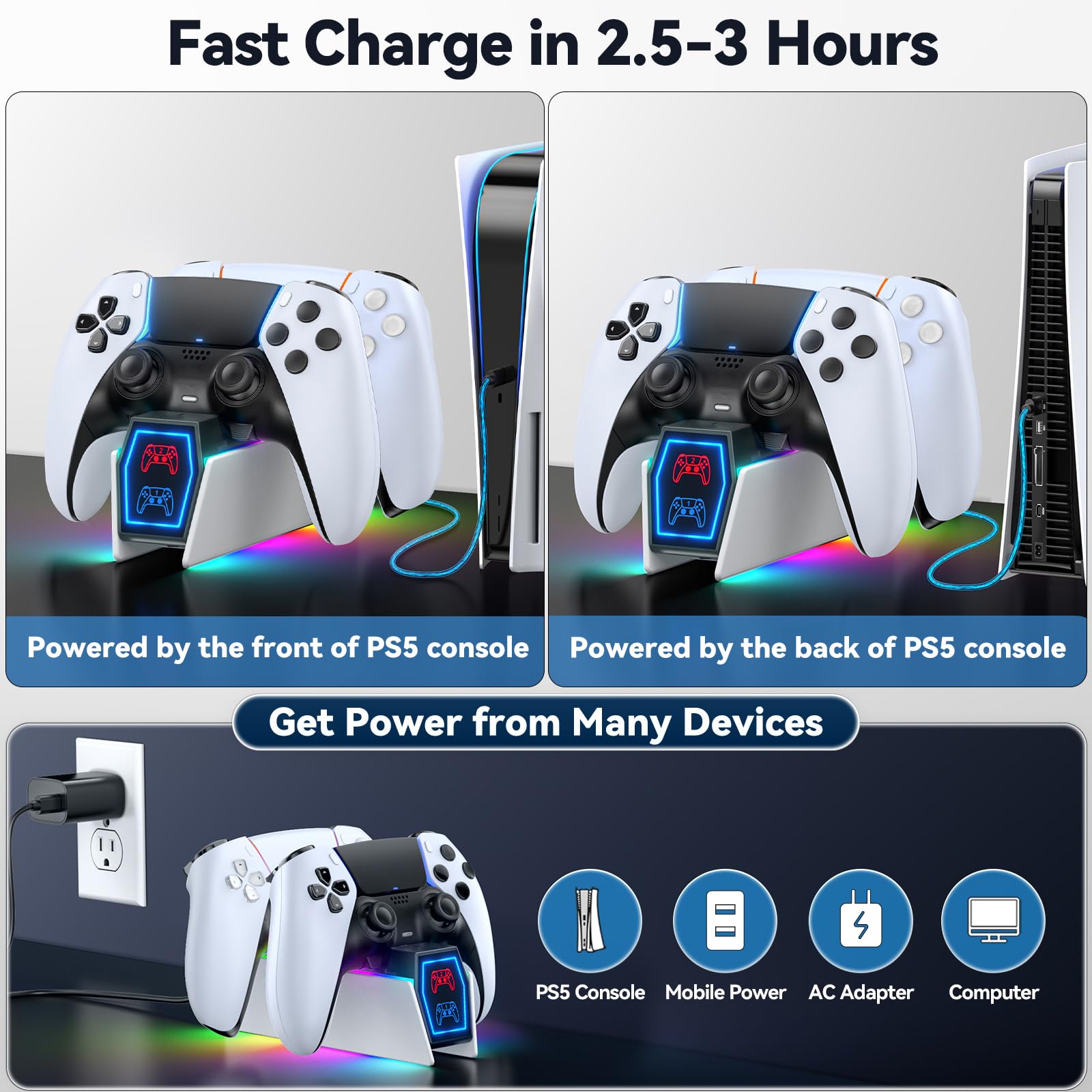 PS5 Controller Charger Station Compatible with Playstation 5 Skin Edge & Dual Controller, 9 RGB LED Light PS5 Accessories Charging Station, PS5 Charging Dock Stand with LED Indicators & Charging Cable