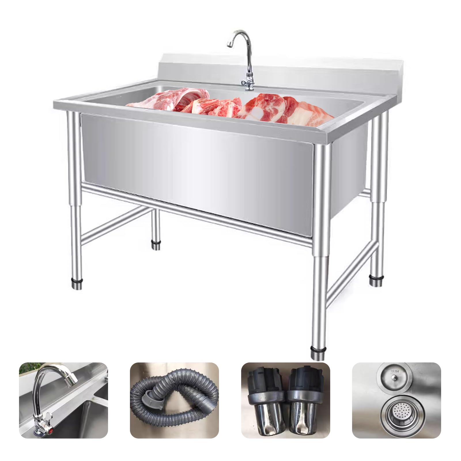 Commercial Restaurant Kitchen Sink Set, Freestanding Stainless Steel Sink,Stainless Steel Utility Sinks,with Drain Kit,for Outdoor Garage Restaurant Kitchen(39.4 * 23.6 * 31.5in)