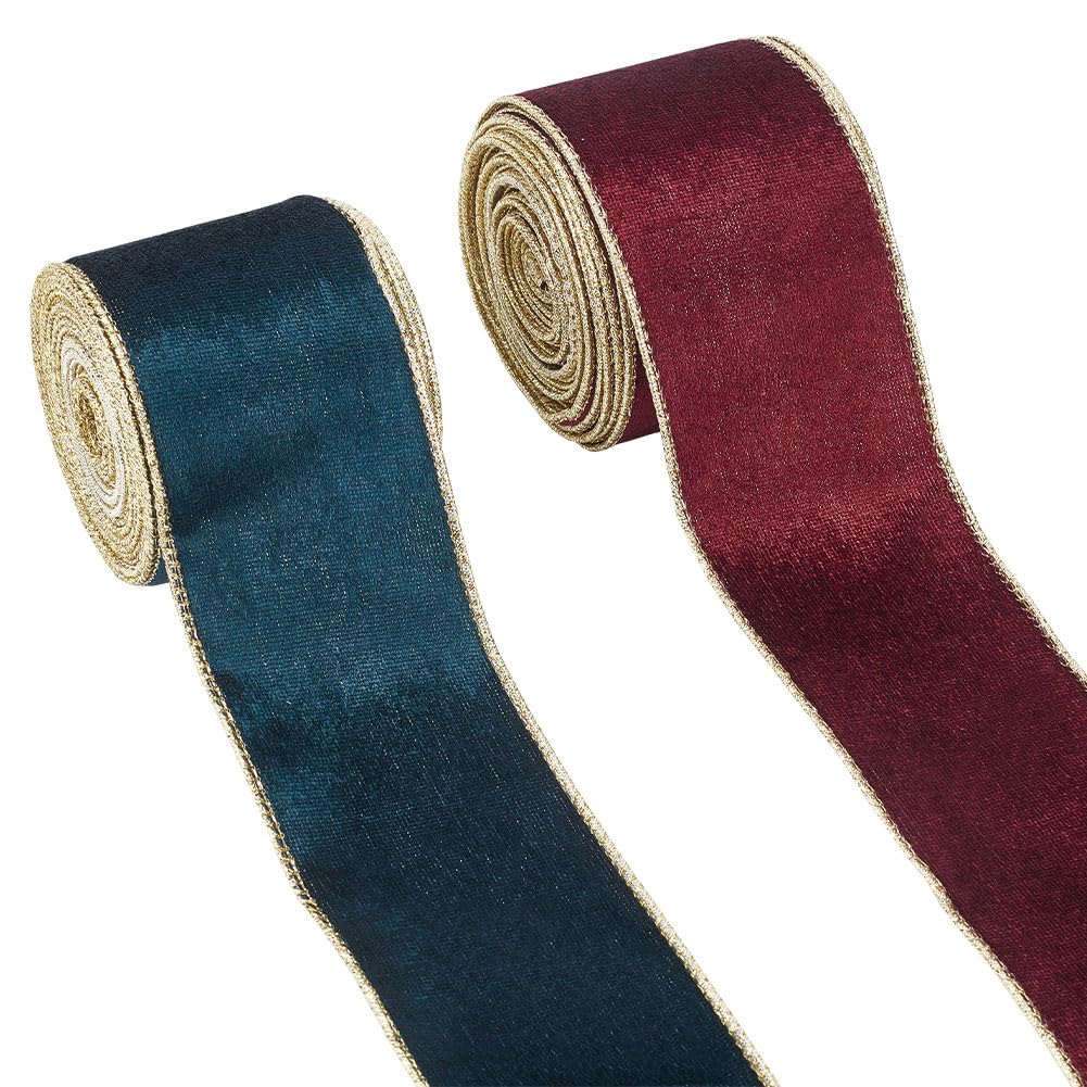 WEBEEDY 2 Rolls Christmas Velvet Ribbon Red Green Velvet Gold Trim Wire Edge Ribbon for Home Decor Gift Wrapping Christmas DIY Crafts, 20 Yards in Total