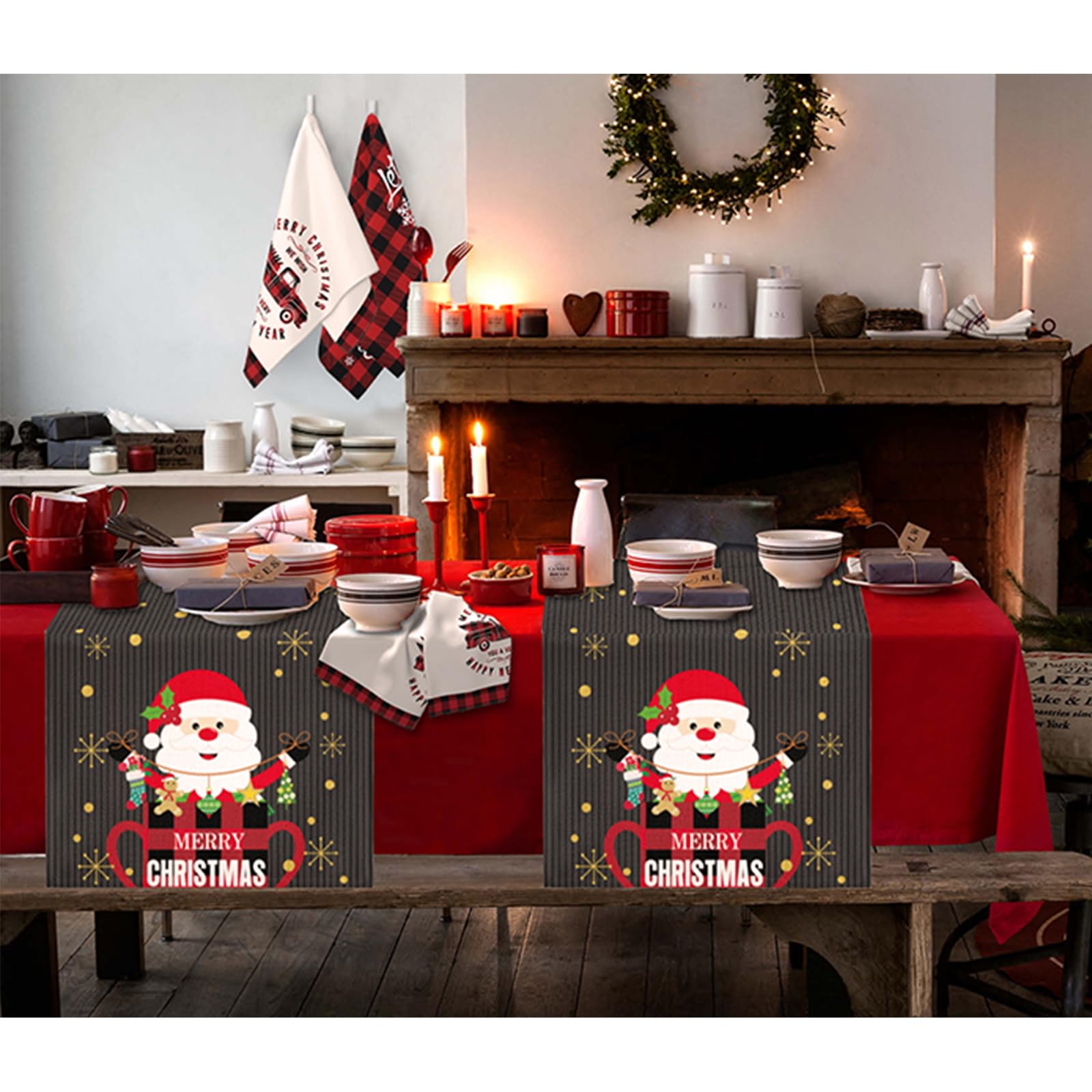 Christmas Table Runner 13x72 Inches Long Cute Santa Claus Buffalo Plaid Cup Decor Table Decorations for Home Kitchen Dining Holiday Party