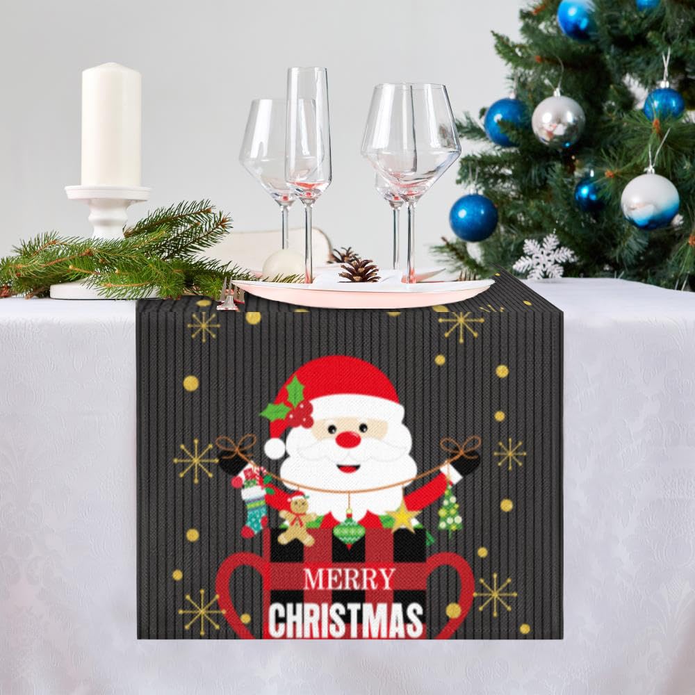 Christmas Table Runner 13x72 Inches Long Cute Santa Claus Buffalo Plaid Cup Decor Table Decorations for Home Kitchen Dining Holiday Party