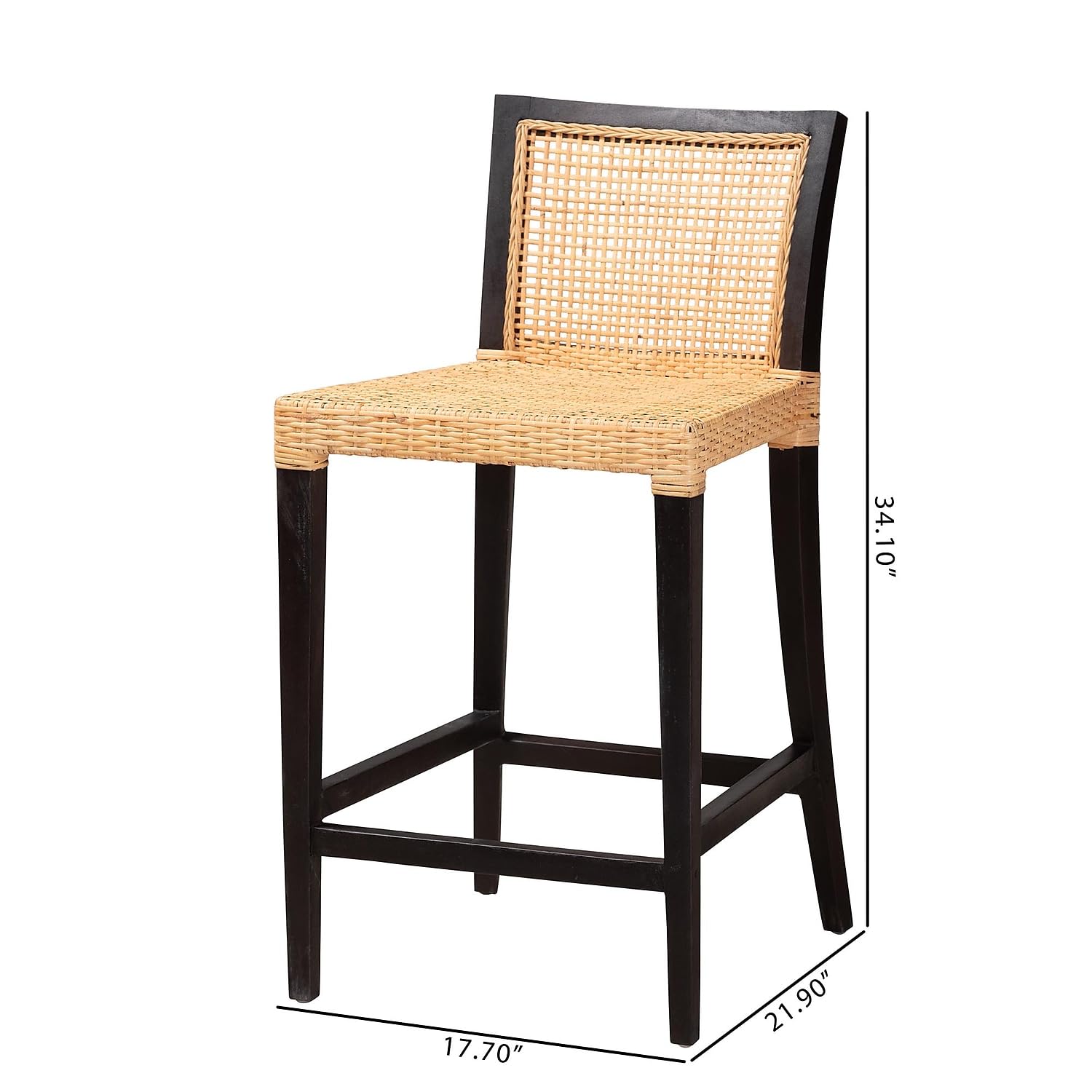 Baxton Studio Lingga Dark Brown Mahogany Wood and Natural Rattan Counter Stool