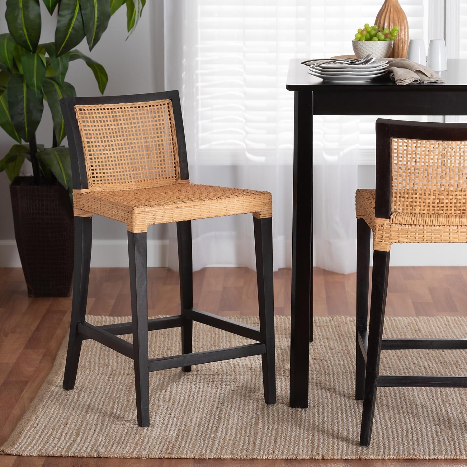 Baxton Studio Lingga Dark Brown Mahogany Wood and Natural Rattan Counter Stool