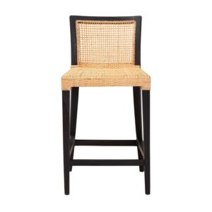 Baxton Studio Lingga Dark Brown Mahogany Wood and Natural Rattan Counter Stool