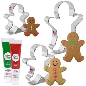 Gingerbread Man Cookie Cutters and Decorating 5-Pc. Set Made in USA by Ann Clark, Gingerbread Men,Green & Super Red Food Coloring Gel