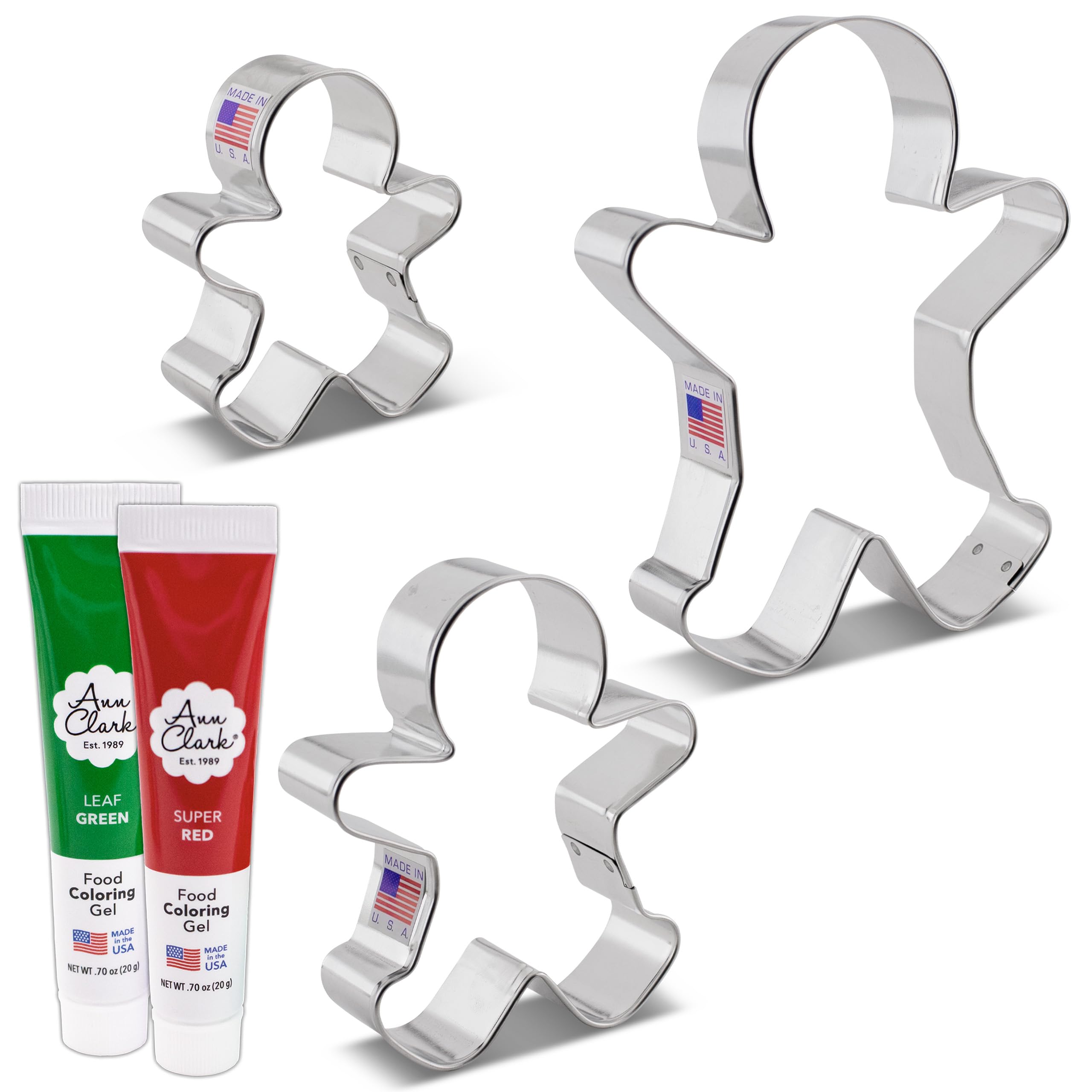 Gingerbread Man Cookie Cutters and Decorating 5-Pc. Set Made in USA by Ann Clark, Gingerbread Men,Green & Super Red Food Coloring Gel