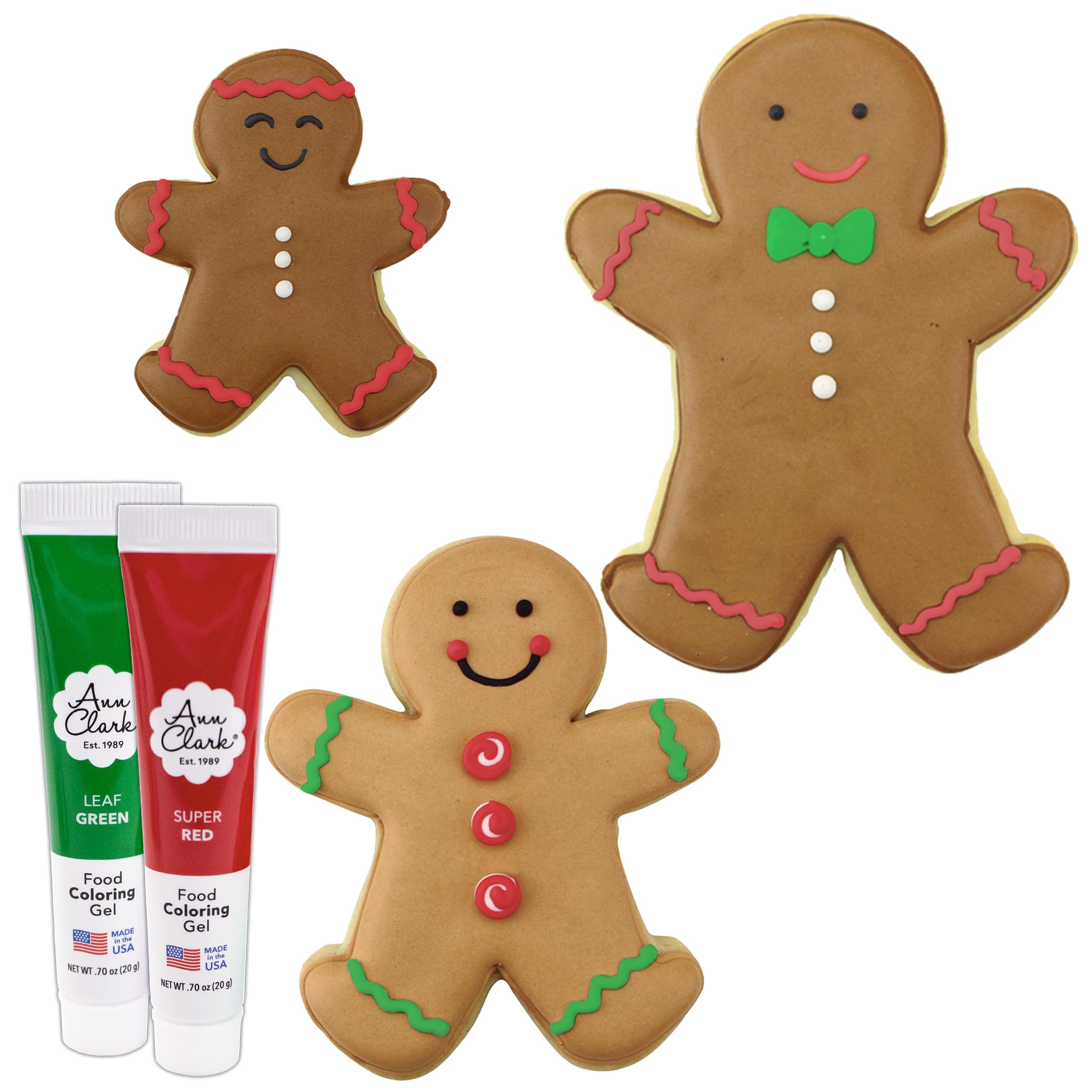 Gingerbread Man Cookie Cutters and Decorating 5-Pc. Set Made in USA by Ann Clark, Gingerbread Men,Green & Super Red Food Coloring Gel