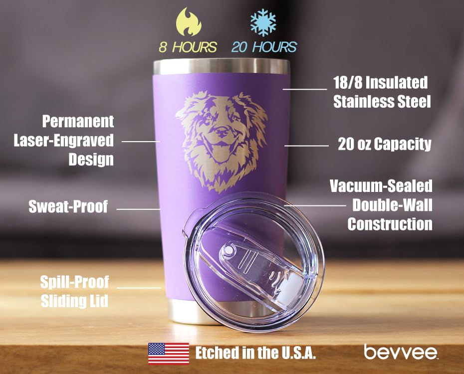 Australian Shepherd Face - Insulated Coffee Tumbler Cup with Sliding Lid - Stainless Steel Insulated Mug - Unique Dog Themed Decor and Gifts for Moms & Dads of Aussies - Purple