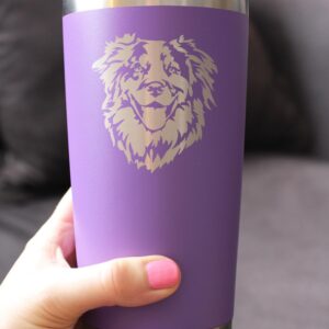 Australian Shepherd Face - Insulated Coffee Tumbler Cup with Sliding Lid - Stainless Steel Insulated Mug - Unique Dog Themed Decor and Gifts for Moms & Dads of Aussies - Purple