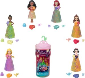 mattel disney princess toys, small doll royal color reveal with 6 surprises including scented ring & 4 accessories, garden party series (dolls may vary)