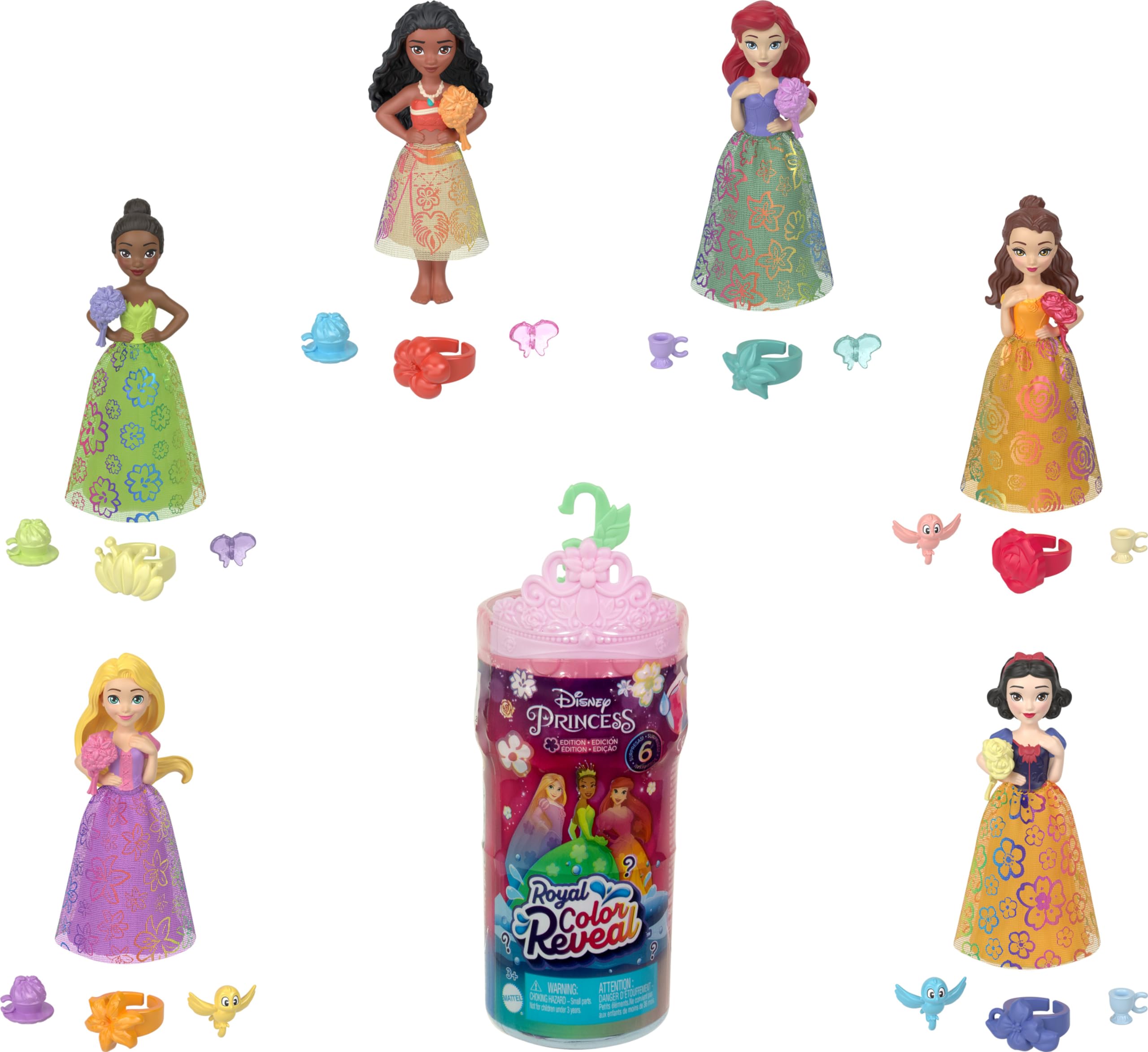 Mattel Disney Princess Toys, Small Doll Royal Color Reveal with 6 Surprises Including Scented Ring & 4 Accessories, Garden Party Series (Dolls May Vary)