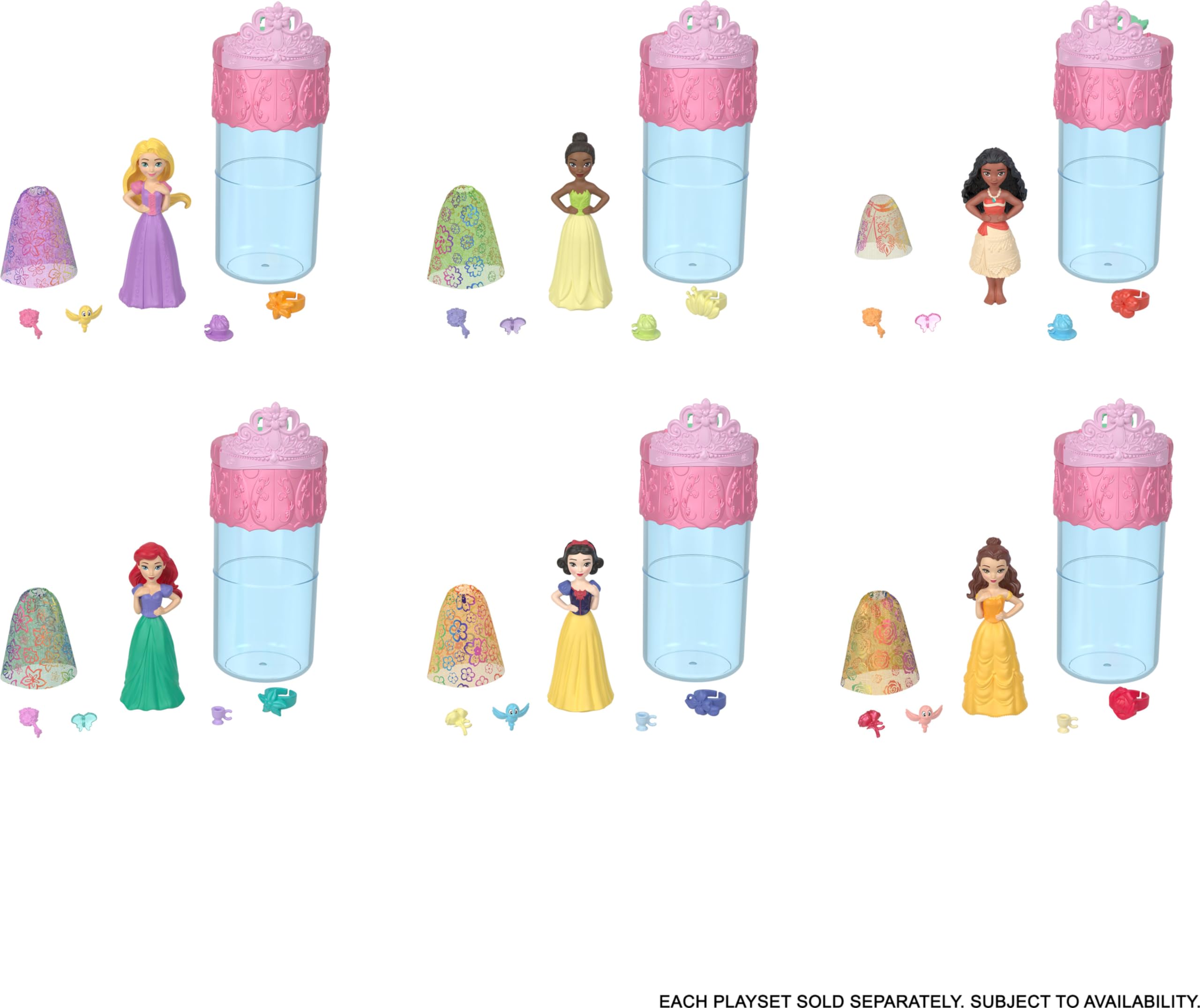 Mattel Disney Princess Toys, Small Doll Royal Color Reveal with 6 Surprises Including Scented Ring & 4 Accessories, Garden Party Series (Dolls May Vary)